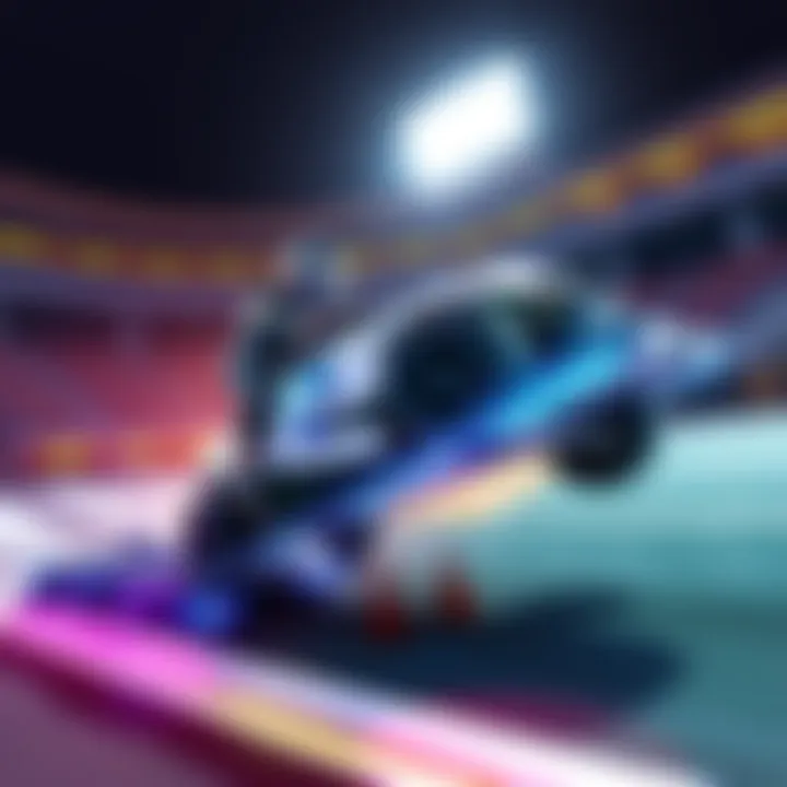 A Rocket League player performing a speed flip during a match, showcasing car control and positioning