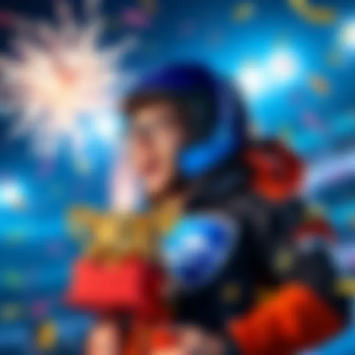 Player celebrating after earning the 'Stocked' trophy in Rocket League with fireworks and confetti in the background