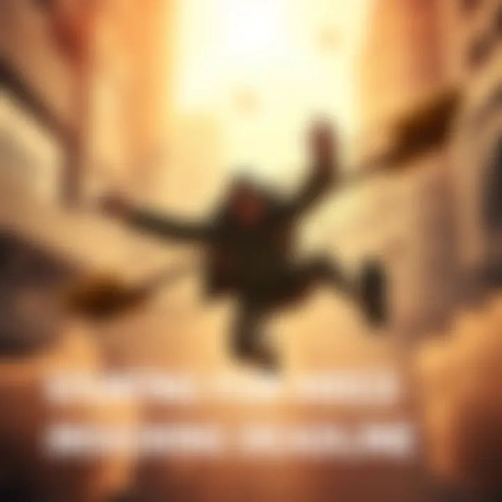 Person attempting a stunt inspired by the Rocketeer A person dressed like the Rocketeer trying to fly with makeshift wings and a humorous expression as they lose balance and fall