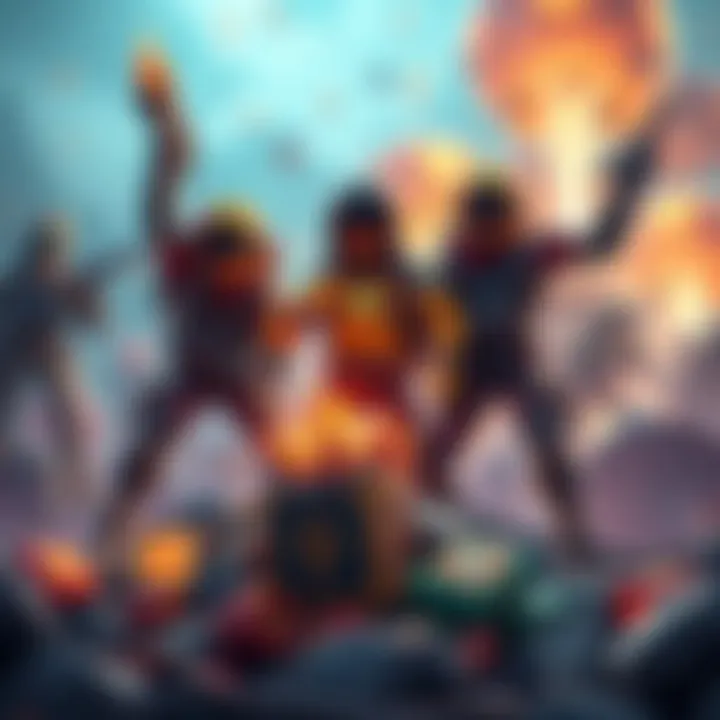 A group of Rocketeers celebrating with their loot after defeating an enemy, showing multiple items on the ground