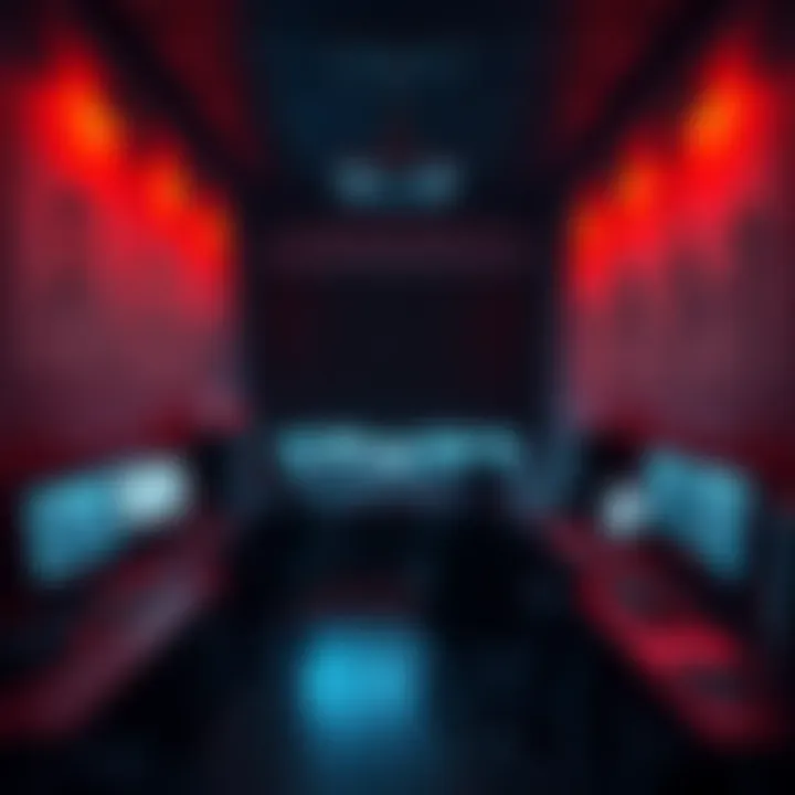 A dimly lit game development room with developers working on computers and sketches of characters on the walls.