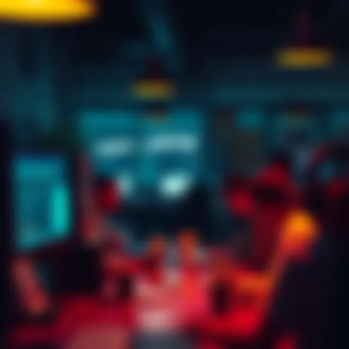 Rockstar Games employees in a dimly lit office working late at night on GTA 6, with computer screens aglow and coffee cups scattered around