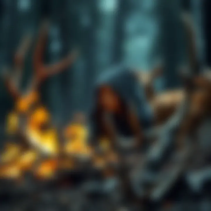 Rogue Facing Ashes of Antlers A rogue looking shocked as golden antlers crumble to ash in a forest clearing, with a golden stag nearby.