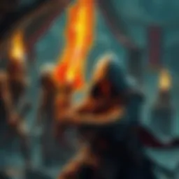 A rogue character sneaking up to grab a glowing weapon from a scene with a shaman