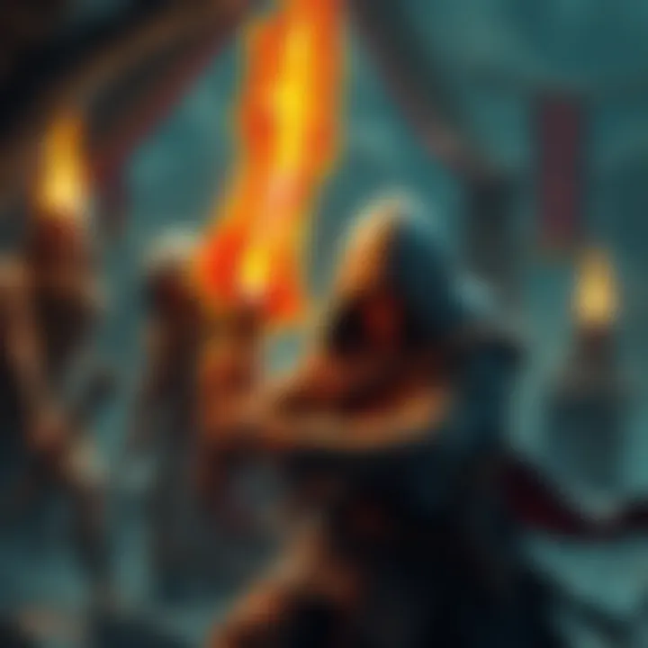 A rogue character sneaking up to grab a glowing weapon from a scene with a shaman