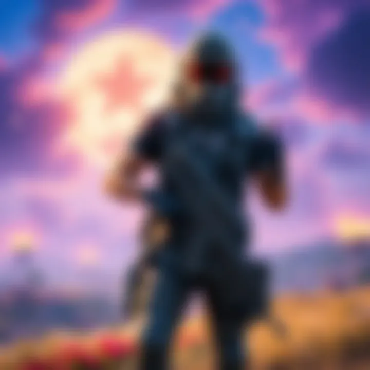 A Rogue Company character stands ready for battle, showcasing their sleek design and tactical gear, with a backdrop of a vibrant Fortnite-inspired landscape.