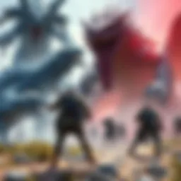 A scene depicting rogue hunters confronting traditional hunters in a vibrant, monster-filled world. Various monsters loom in the background while both hunter factions prepare for battle.
