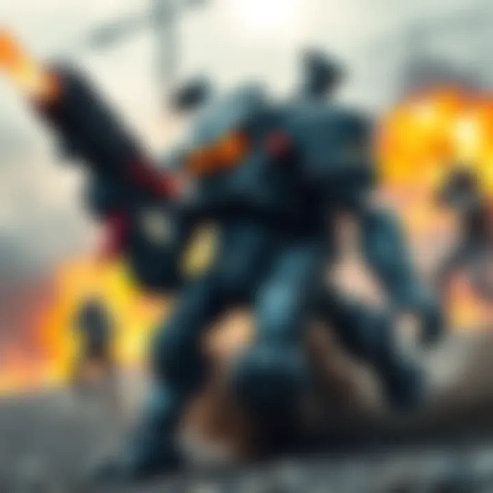 A powerful EDA Rogue Necramech engaging in a fierce battle against enemies, displaying its robust design and weaponry during a survival mission.