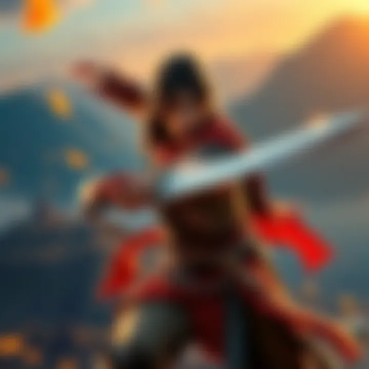 An adventurous character in ancient Persian attire wielding a sword in a vibrant landscape