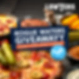 A vibrant graphic featuring food items like pizza and pickles, with a Steam key for Rogue Waters and a playful contest banner