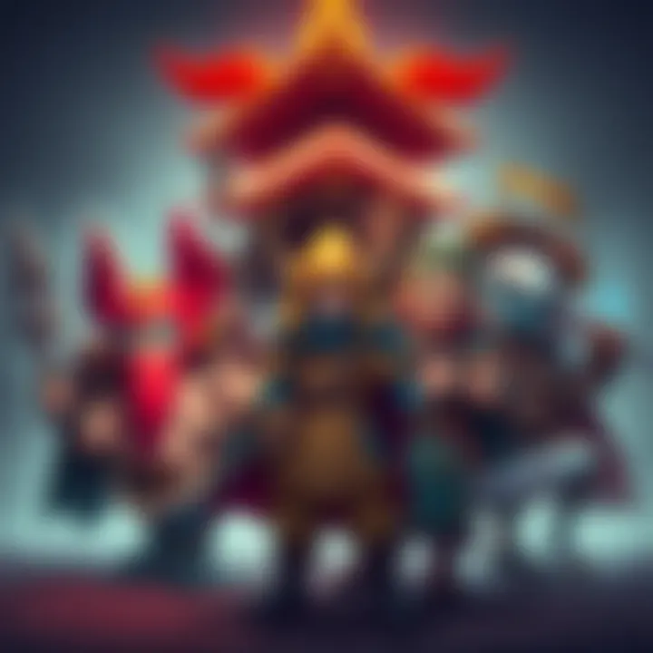 A group of diverse characters from a roguefull game, showcasing different abilities and styles, standing together in a game-like environment.