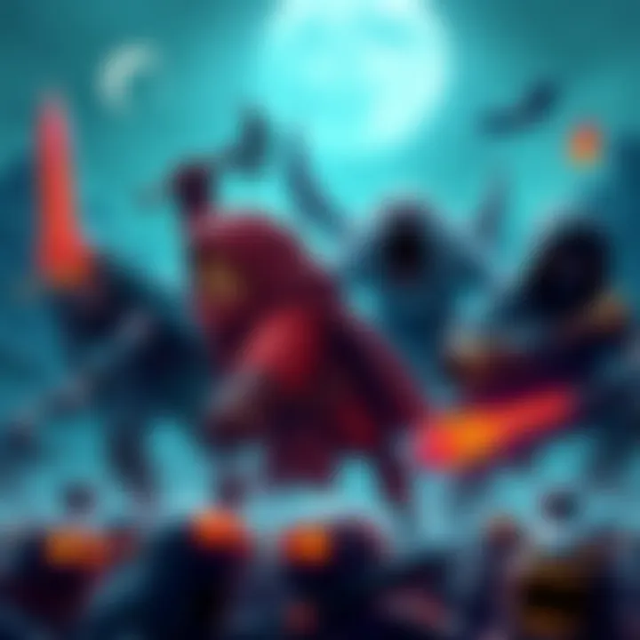 Various characters from roguelike games in action, showcasing different abilities and environments.