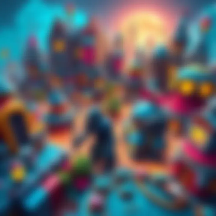 A colorful city filled with unique buildings and characters from a sci-fi fantasy game, showcasing playful designs and a vibrant atmosphere.