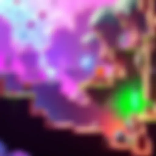 A vibrant game level showcasing platforming elements with bright colors, featuring characters jumping across platforms with various obstacles and hazards, reminiscent of classic platform games.