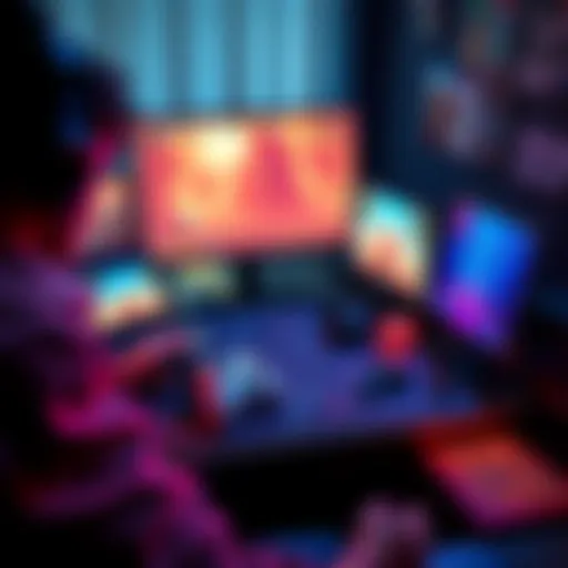 A gamer playing budget-friendly roguelite games on a Steam Deck, surrounded by game icons and a colorful gaming setup.