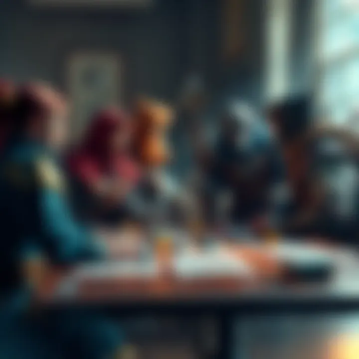 A group of fantasy role-playing characters debating the value of ability scores, with a backdrop of a game table filled with dice and character sheets.