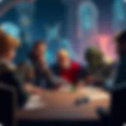 A group of players sitting around a table, discussing gameplay while one player looks uncertain about rule-bending, with dice and character sheets visible