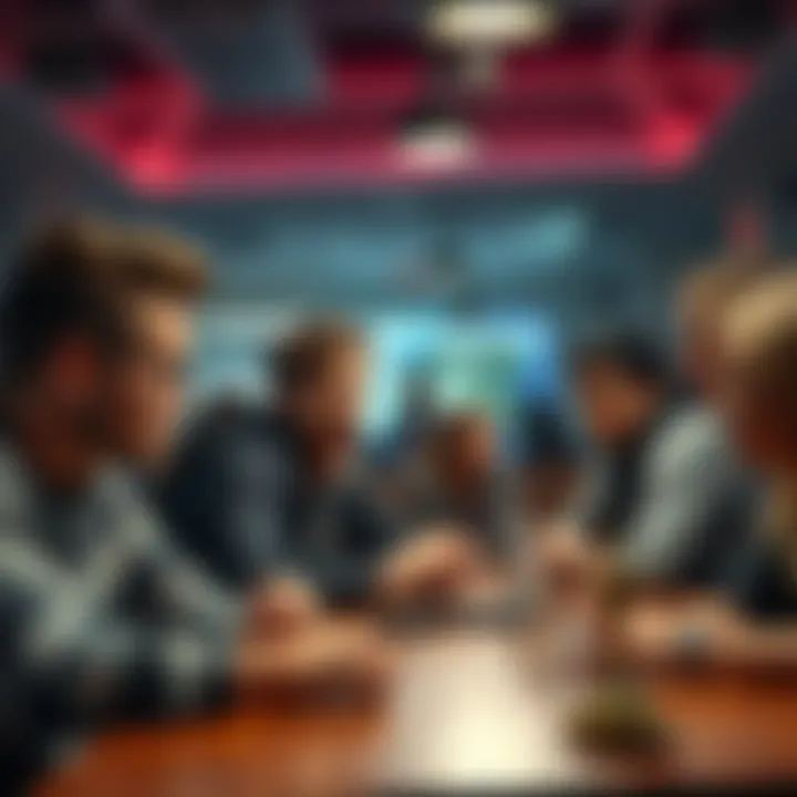 A diverse group of people engaged in a roleplaying game, with one person animatedly speaking while others listen, showcasing a balanced discussion during gameplay.