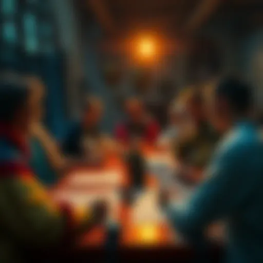 A group of players gathered around a table, immersed in a tabletop roleplaying game, with character sheets and dice visible.