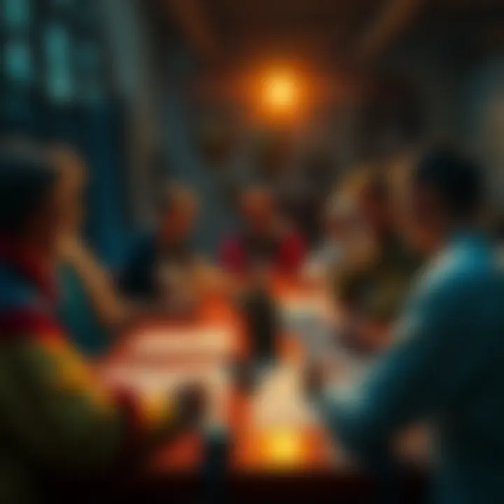 A group of players gathered around a table, immersed in a tabletop roleplaying game, with character sheets and dice visible.