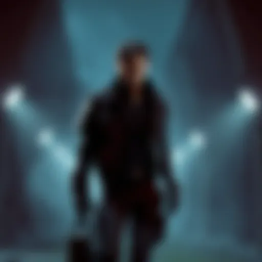 Roman Carax, a character with futuristic clothes and a determined expression, stands in a dark and creepy environment filled with shadows and threats from Outlast.