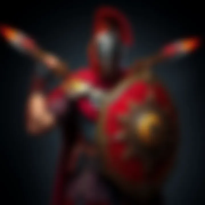 A design featuring a Roman soldier with dual blades and a riot shield, embodying historical warrior style.