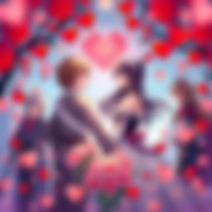 Romantic Game Characters Illustration of game characters in a romantic setting, surrounded by hearts and flowers, representing fan-favorite pairings.