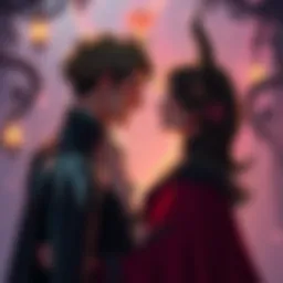 A character and a villain share a close moment, exchanging flirtatious glances in a fantasy setting, with magical elements in the background.