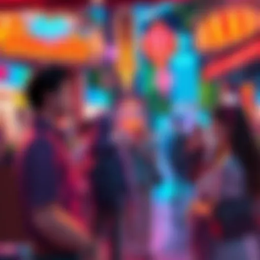 A scene showing a player character interacting with romantic NPCs in a vibrant game world, with colorful backgrounds and various dialogue options visible.