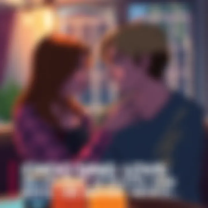 A scene showing two characters, one with brown hair and the other with blonde, in a cozy setting, discussing their feelings for each other