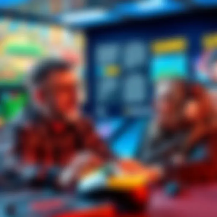 John and Brenda Romero sharing insights on the gaming industry, reflecting on challenges from the 80s to today, with a background of gaming visuals.