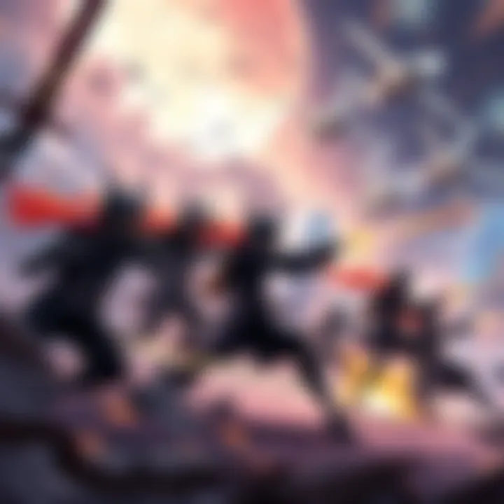 Ronins fighting in a dynamic scene with excitement, showing a team engaged against five enemy squads
