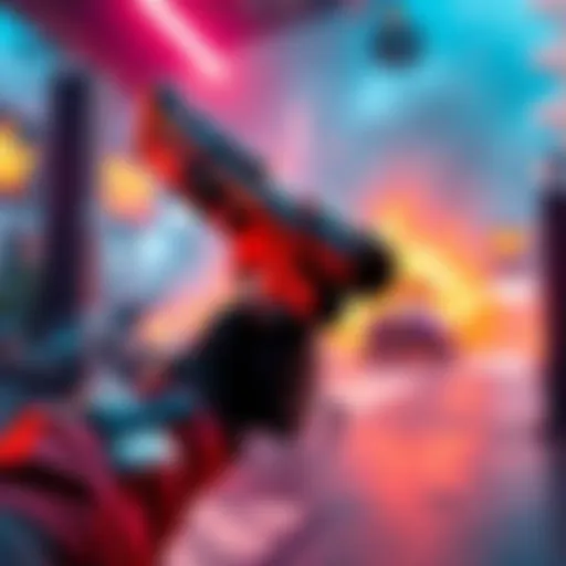 A player holding a rook shotgun, gearing up for gameplay challenges. The background shows a vibrant gaming environment with action elements.