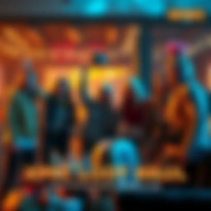 Group of friends celebrating with blue gear and loot after a successful game night at the Outpost