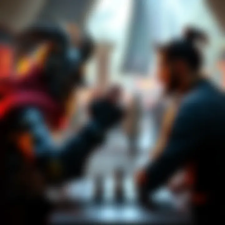 Rook Greeting in Marathon A Rook character in a fantasy setting interacting with a player, showcasing the bonding gestures and rituals during a marathon game session.