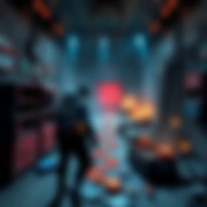 A player character in a blue backpack searching for loot in an abandoned outpost, with highlighted paths showing optimal routes and loot boxes.