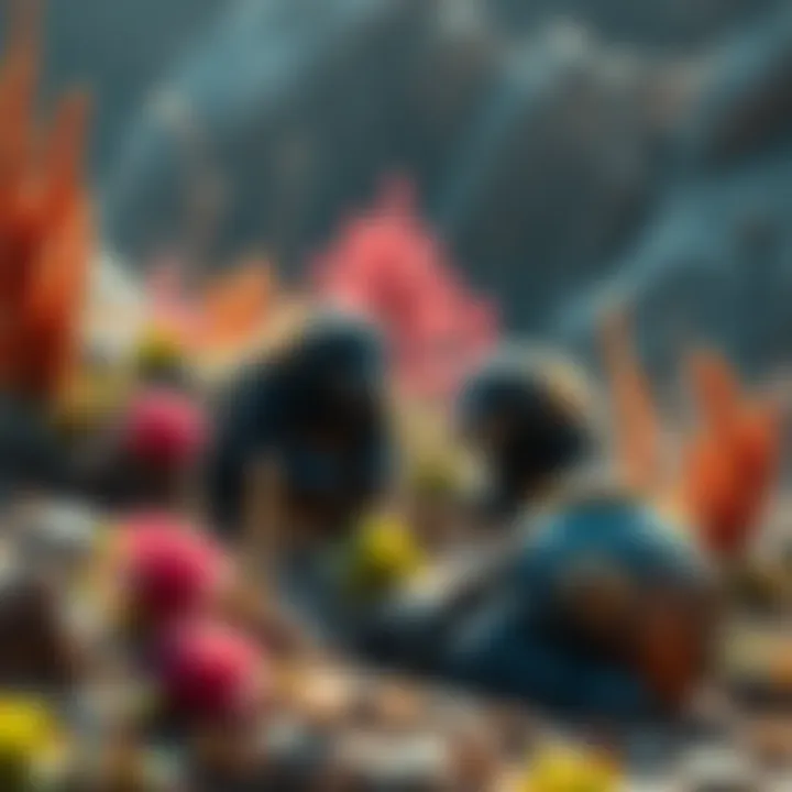 Two small scavenging ROOKs foraging in a vibrant environment on Tau Ceti, surrounded by unique plants and scenery.