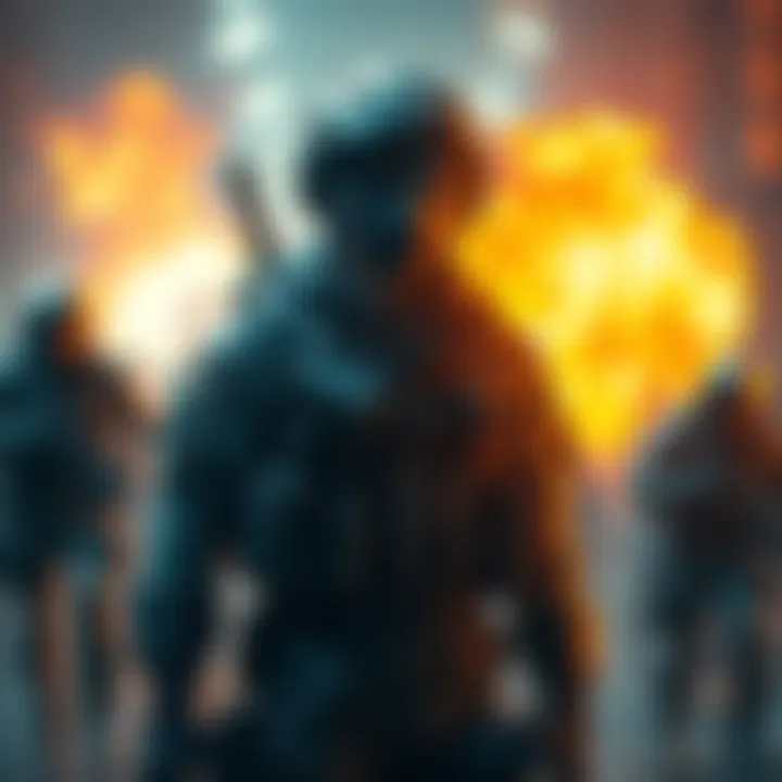 Rookie in battle gear A character in military battle gear stands confidently, symbolizing growth and experience, surrounded by dynamic action elements.