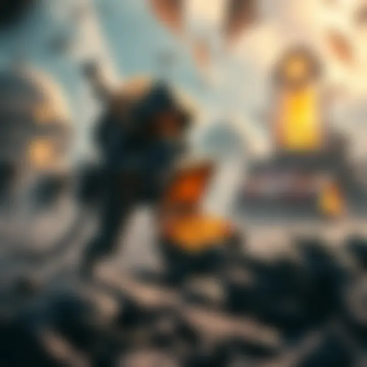 A rookie looter in action, gathering treasure from a chaotic battle at an outpost, with fallen players around and a sense of excitement in the air.