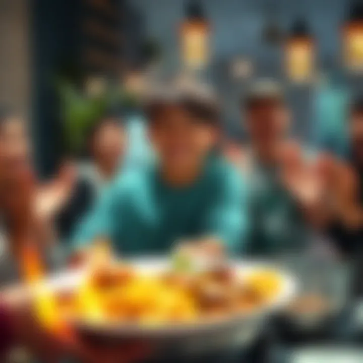 A rookie player smiles while holding a plate of their first homemade dish, surrounded by friends who are cheering and clapping.
