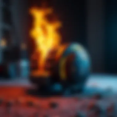 A futuristic Roomba-like device that resembles a mine, featuring flames and automated functions.