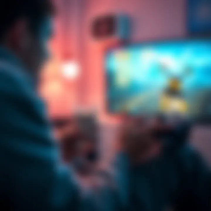 A gamer focused on the screen while holding a cup of chocolate milk, with a video game controller in hand. The game shows a spitfire target finder in action.