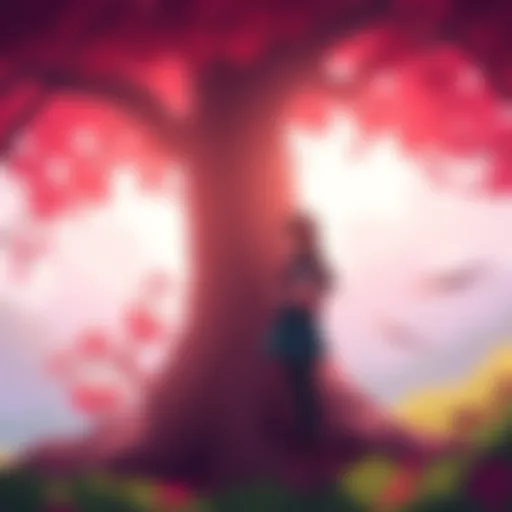 Rosaura standing emotional by a large tree, reflecting on her journey in the game.