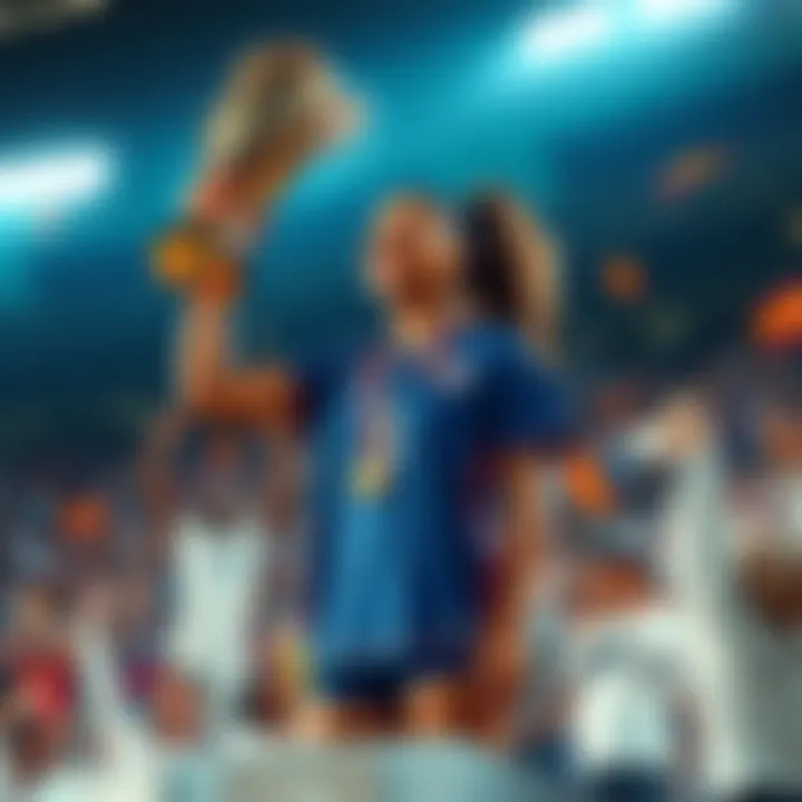 Rosaura stands on a podium holding a trophy, smiling with fans cheering in the background.