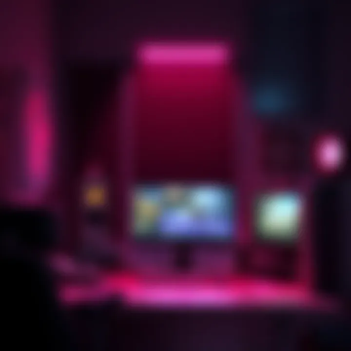 An image showing a shadowed workspace with a computer and gaming concept art, suggesting game development activities.