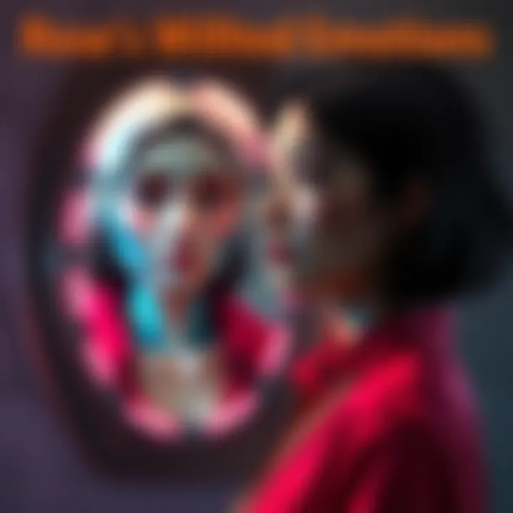 A woman with a thoughtful expression, standing in front of a mirror reflecting her AI persona, symbolizing the contrasts between her true self and digital image.