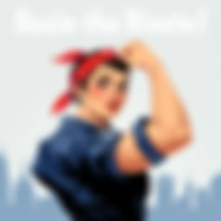 Rosie the Riveter illustration A strong woman wearing a red polka dot bandana and blue work shirt, flexing her arm muscle, symbolizing empowerment and strength, while surrounded by modern design elements.