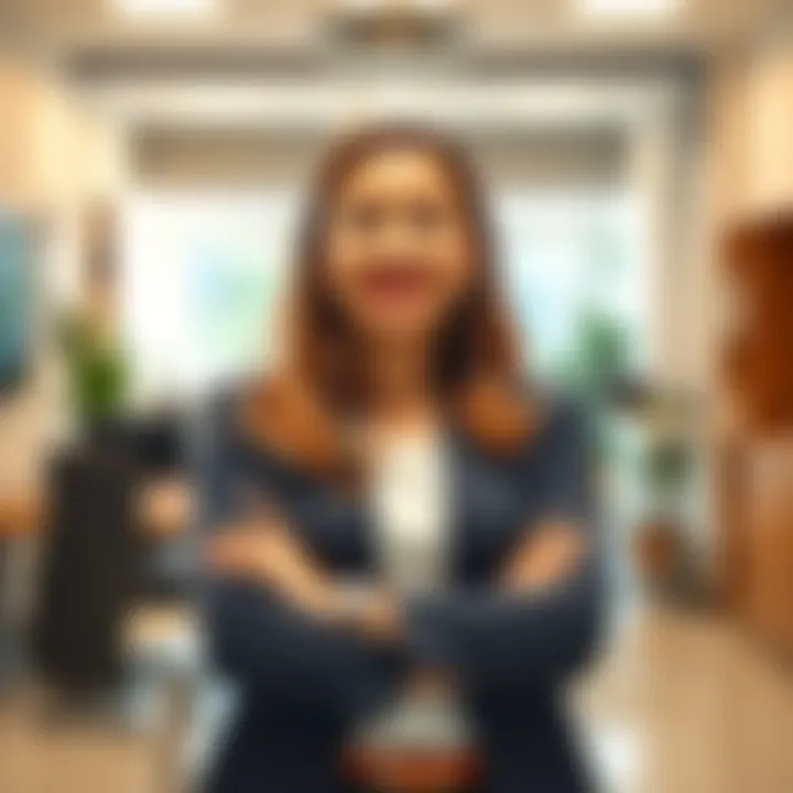 Rossie Sam Portrait A smiling Rossie Sam standing confidently with arms crossed, showcasing her achievements in a bright office setting.