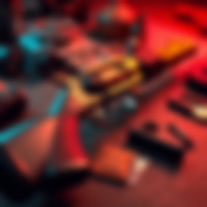 Round Robin Red Border Gun A close-up view of the Round Robin gun with red borders, showcasing its detailed design and crafting materials laid out