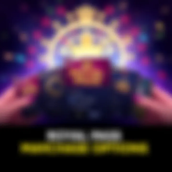 A visual showing various options for buying a Royal Pass, including a first purchase pack and subscription, with a game currency symbol in the background.